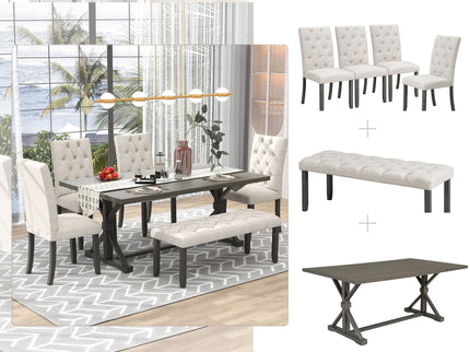 6 Piece Dining Table Set With Rectangular Wood Table, 4 Upholstered Chairs, Bench