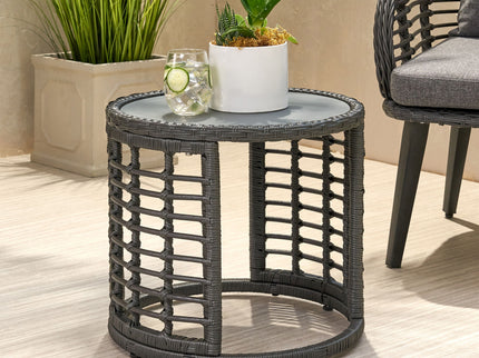 Achill - Outdoor Modern Boho Wicker Side Table With Glass Top - Gray