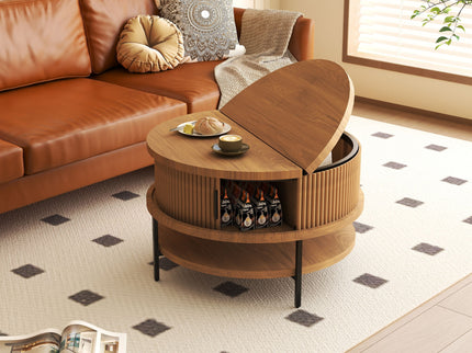 Flip-Top Round Coffee Table With Storage - Brown