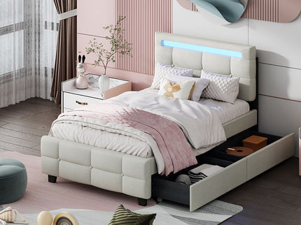 Upholstered Platform Bed With LED Frame, With Trundle And 2 Drawers
