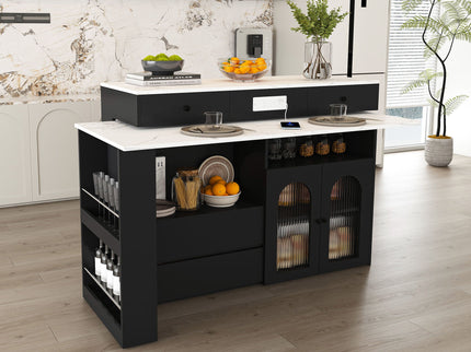 Kitchen Island With Extendable Rotating Table, 4 Drawers & Glass Door Cabinets, Built In Socket - Black