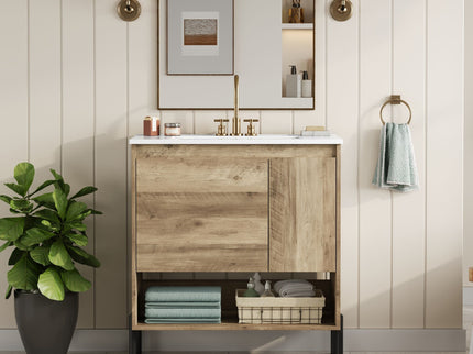 Bathroom Vanity Cabinet With Sink, Sliding Drawer, Soft Closing Door, Open Shelf - Natural Wood