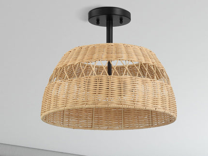 Twinkle - Double Lights Semi Flush With Shade - Black / Rattan