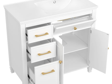 Modern Bathroom Vanity With Ceramic Sink, Freestanding, One Tip Out Drawer, 3 Side Drawers, Adjustable Shelf