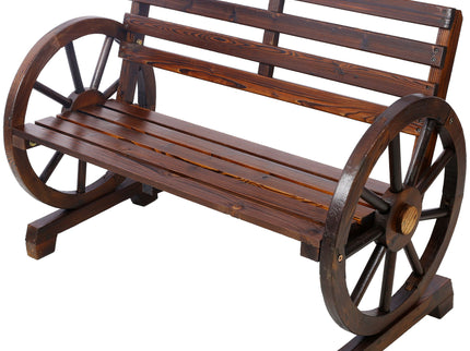 Rustic Country 2 Person Wooden Wagon Wheel Bench With Slatted Seat And Backrest - Brown