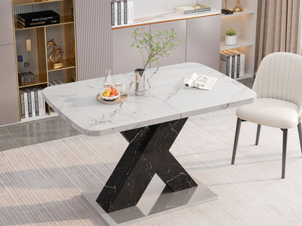 Rectangle Dining Table With Stretchable Top, X Shape Mdf Legs With Steel Base - White / Black