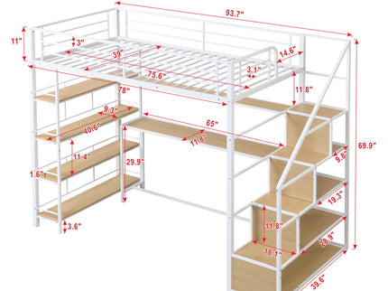 Twin Size Loft Bed With Built In Desk, Staircase Storage & 4 Tier Shelves - White