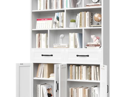 Bookcase Tall With 2 Doors & 2 Drawers, Fixed Open Shelves - White