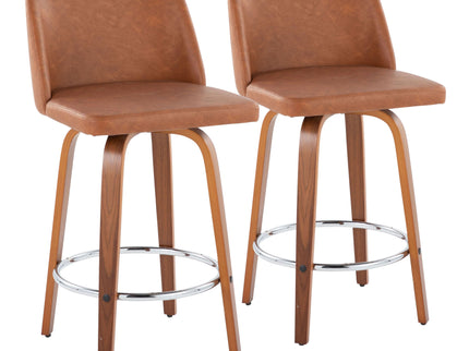 Toriano - Contemporary Fixed Height Counter Stool With Swivel & Round Footrest (Set of 2) - Walnut / Camel