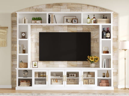 All-In-One Entertainment Center With Bookshelves & Tempered Glass Doors, TV Console Unit For Living Room