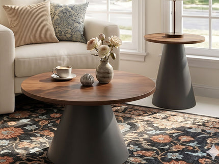 Nesting Coffee Table, Adjustable Foot Pads For Living Room (Set of 2) - Walnut / Black