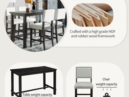 5 Piece Counter Height Dining Set, Classic Elegant Table And 4 Chairs - Espresso / Beige