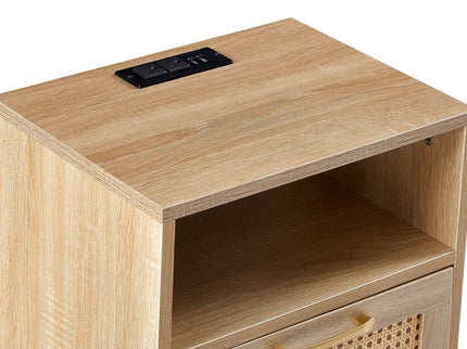 15.75" Rattan End Table With Power Outlet & USB Ports, Modern Nightstand With Drawer And Solid Wood Legs, Side Table For Living Room, Bedroom
