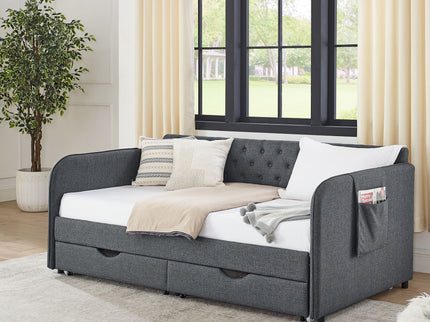 Daybed With Trundle And Storage Drawers, Flat Arms With Pocket