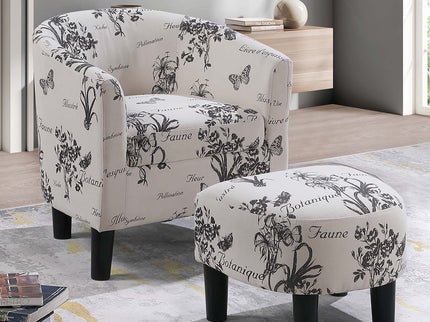 Accent Chair With Matching Ottoman Upholstered Round Backrest, Seating Set - Off White / White