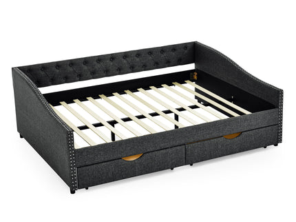 Upholstered Tufted Daybed With 2 Drawers, Waved Arms