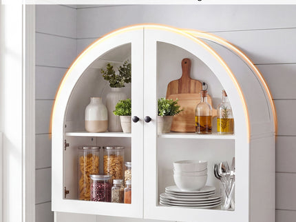 Tall Arched Pantry Cabinet With Charging Station, Adjustable Shelves, Coffee Bar