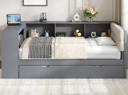 Upholstered Headboard Platform Bed With Storage Shelves, Trundle, Charging Station