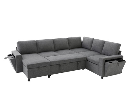 U - Shaped Convertible Sectional Sofa Bed With Storage, USB Charger & Cup Holders