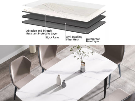 70.87" Modern Artificial Stone Curved Black Metal Leg Dining Table, Can Accommodate 6-8 People - White / Black