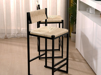 Bar Stools Paper Rope Weave Dining Chairs With Back Hand Weave Stools For Kichen Island, Bar & Counter (Set of 2)
