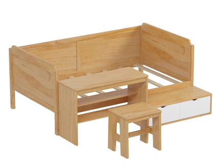 Daybed With Storage Shelves And Lockers, Multi Functional Bed With Study Desk And Matching Stool
