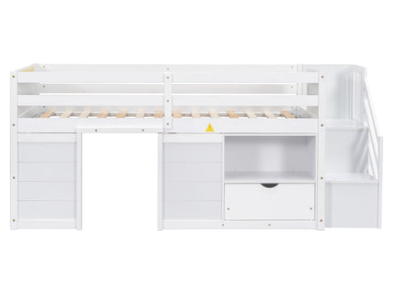Low Loft Bed With Stair, Drawer, And Shelf