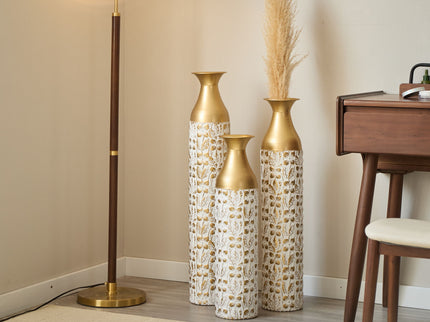 Mother's Day Gift Set Gilded White 3D Relief Flower Metal Vase Set - White / Gold