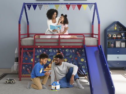 Jack - House Loft Bed With Slide And Curtain Set