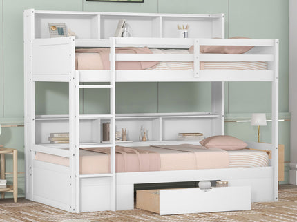Twin Size Bunk Bed With Built-In Shelves Beside Both Upper And Down Bed And Storage Drawer
