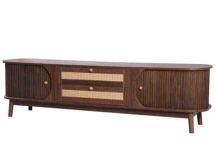 TV Stand For TVs Up To 75'', Cabinet With Drawers And Sliding Doors, Living Room Entertainment Console - Natural Wood / Brown
