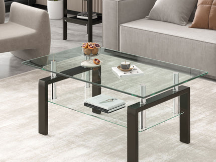 Tempered Clear Glass Coffee Table, 2-Layers Coffee Table Living Room Center Table - Black