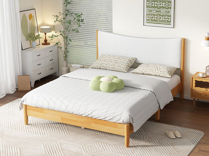 Queen Size Rubber Wooden, Solid Wooden Bed With Teddy Velvet Cushion Upholstered Headboard, Enhanced By Support Feet - Natural