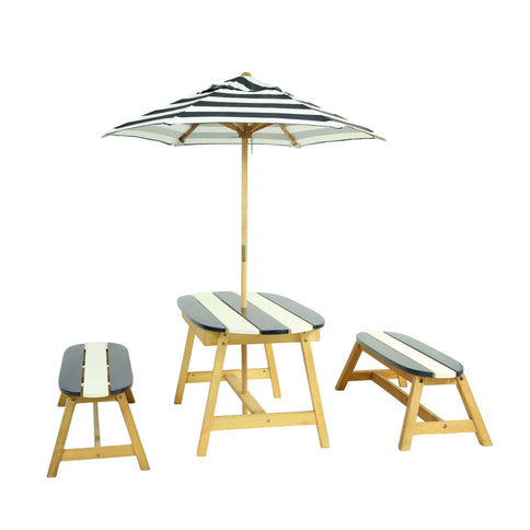 Naturally Playful Kids Picnic Table With Umbrella, Indoor / Outdoor Fun - Blue / White Stripes