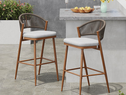 Outdoor Bar Height Metal Frame Counter Stools With Scallop Shaped Backrest & Water Resistant Cushions