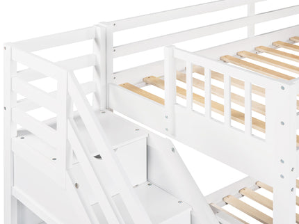 Solid L Shaped Bunk Bed With 3 Drawers, Ladder And Staircase