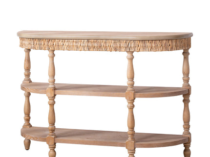 Handcrafted Console Table With Hand Woven Trim, 3 Tier Storage Shelves - Natural