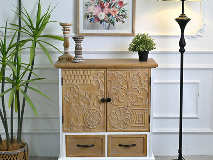 Accent Flower Carved Door Sideboard Cabinet With 2 Drawers For Kitchen - Natural Wood Wash / White