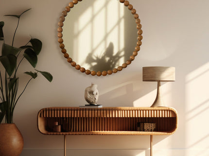 Decorative Round Hanging Wall Mirror With Bead Design Frame - Natural
