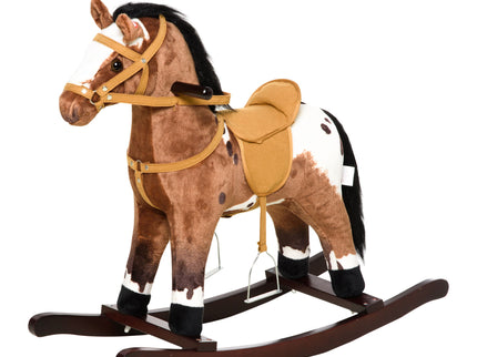 Qaba - Kids Metal Plush Ride-On Rocking Horse Chair Toy With Realistic Sounds - Dark Brown / White