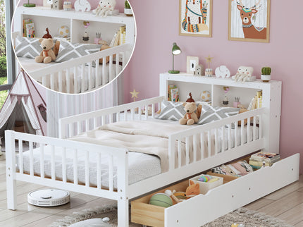 Bed With Headboard Storage Rack, 2 Under Bed Drawers, 3 Side Guardrails For Safety