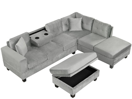 Modern Sectional Sofa With Storage Ottoman, L - Shape Couch With 2 Pillows And Cup Holders