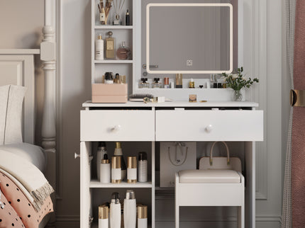 Fashion Vanity Desk With Mirror And Adjustable Lights, Makeup Table Set With 2 Drawers - White