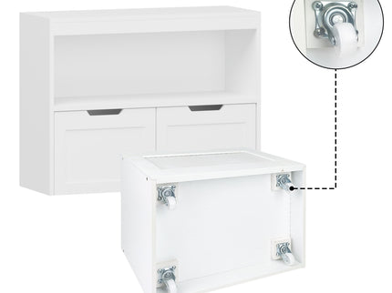 Book Organizer With Large Drawers And Open Shelves, Toy Storage Cabinet With Removable Wheels And Rounded Edges - White