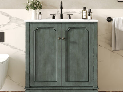 Vintage Bathroom Vanity With Ceramic Sink, Adjustable Shelves