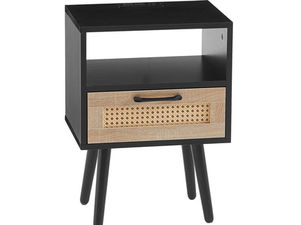 15.75" Rattan End Table With Power Outlet & USB Ports, Modern Nightstand With Drawer And Solid Wood Legs, Side Table For Living Room, Bedroom