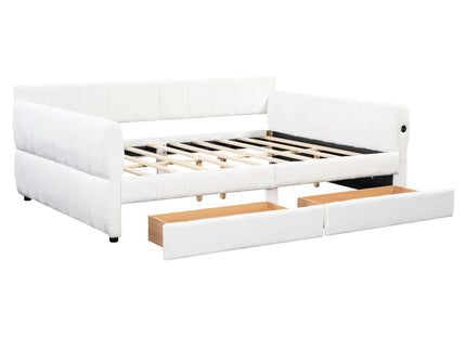 Queen Upholstered Platform Bed With USB Charging And 2 Storage Drawers - White