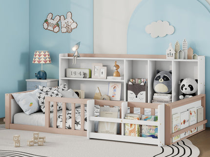 Platform Bed Frame With Guardrail, Storage Shelves & Bookshelf