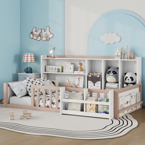 Platform Bed Frame With Guardrail, Storage Shelves & Bookshelf
