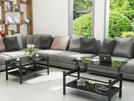 Glass Lift Top Coffee Table, Modern Simple 2-Layer Tempered Glass Coffee Table For Living Room - Black